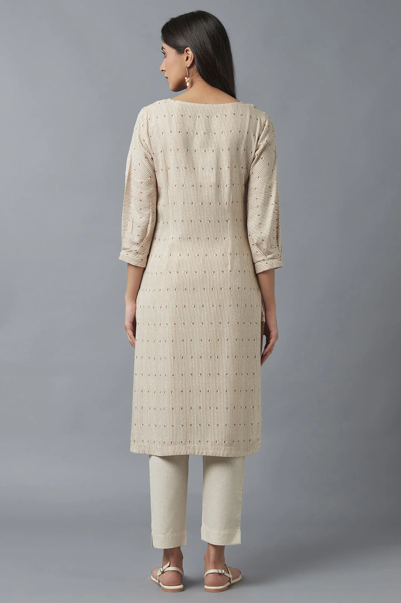 Beige Stripe Print Kurta - Image 2