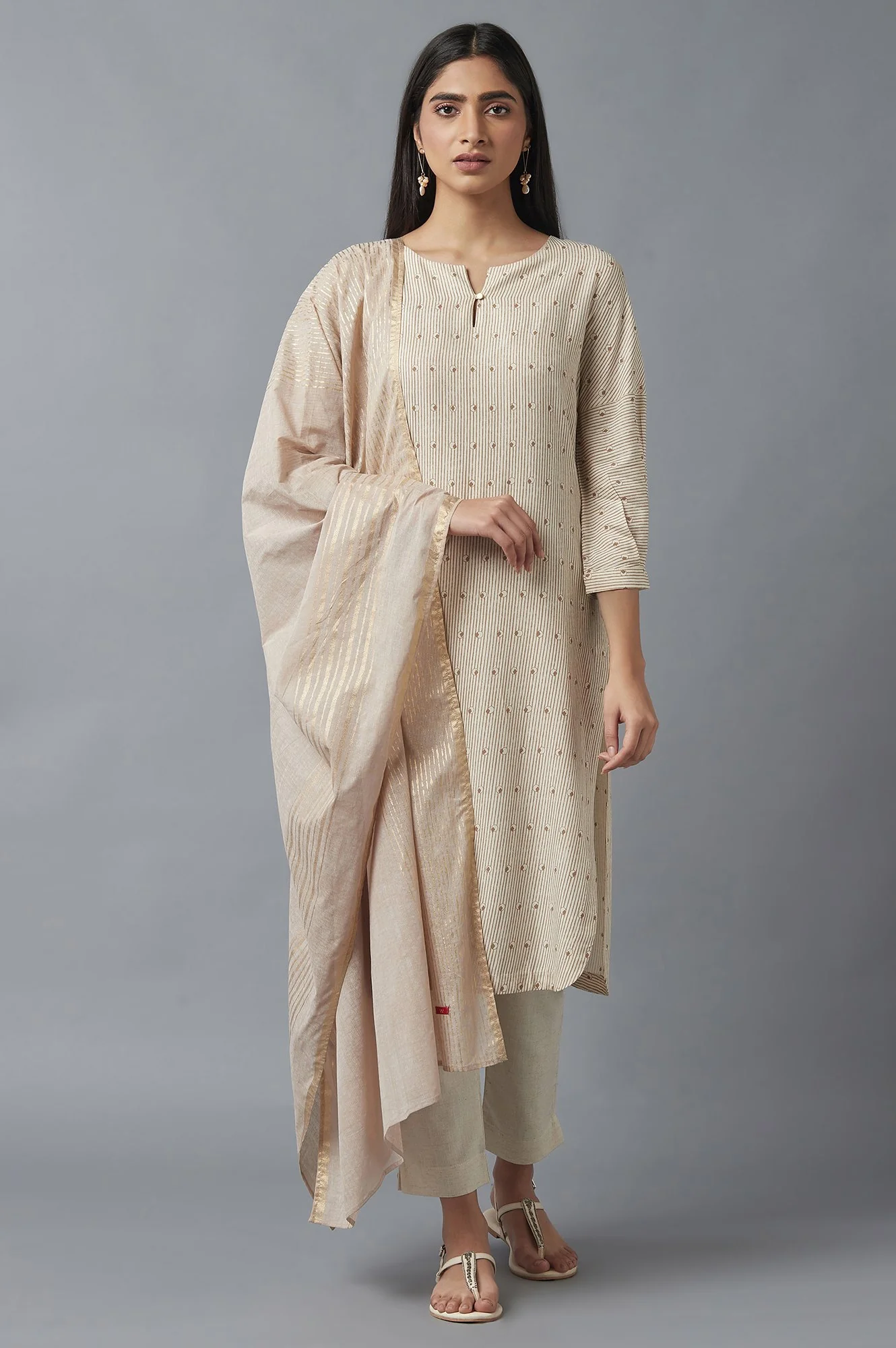 Beige Stripe Print Kurta - Image 5