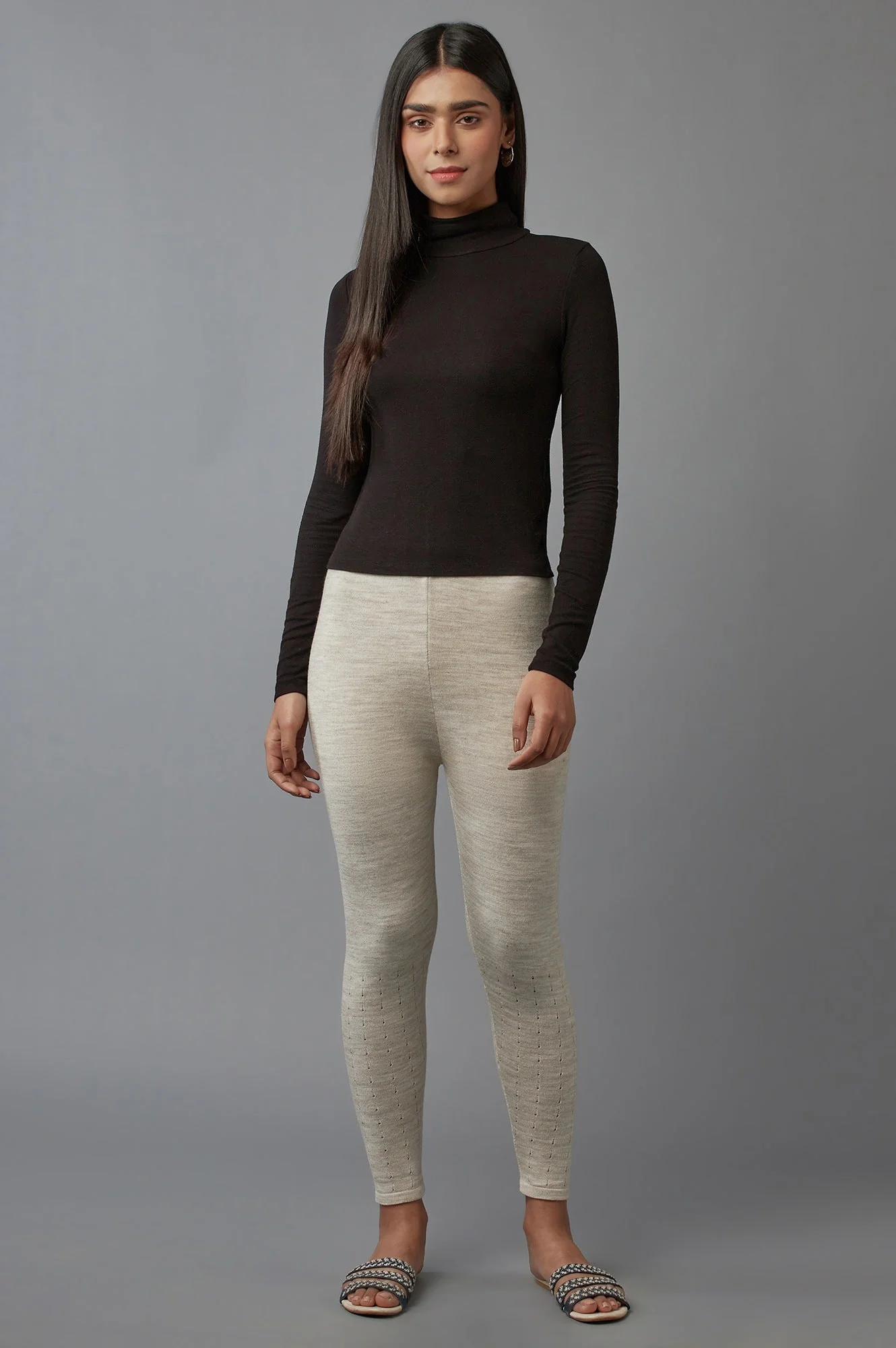 Beige Solid Straight Fit Acrylic Palazzo With Elasticated Waist - Image 5