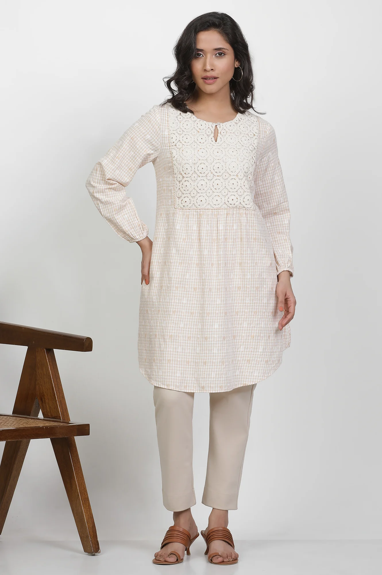 Beige Yarn Dyed Checked Tunic With Crochet Yoke
