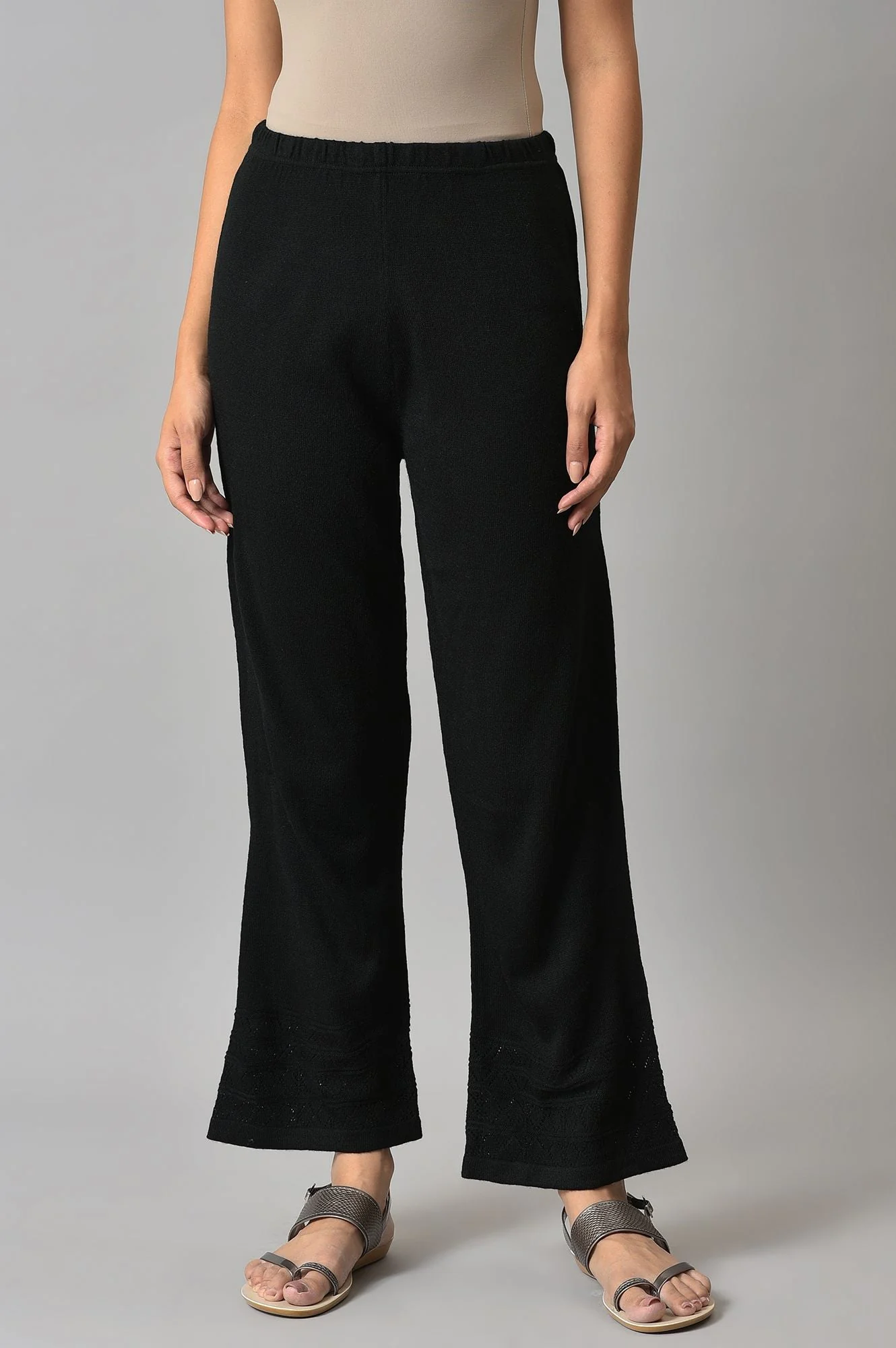 Black Geometric Straight Fit Palazzo With Elasticated Waist