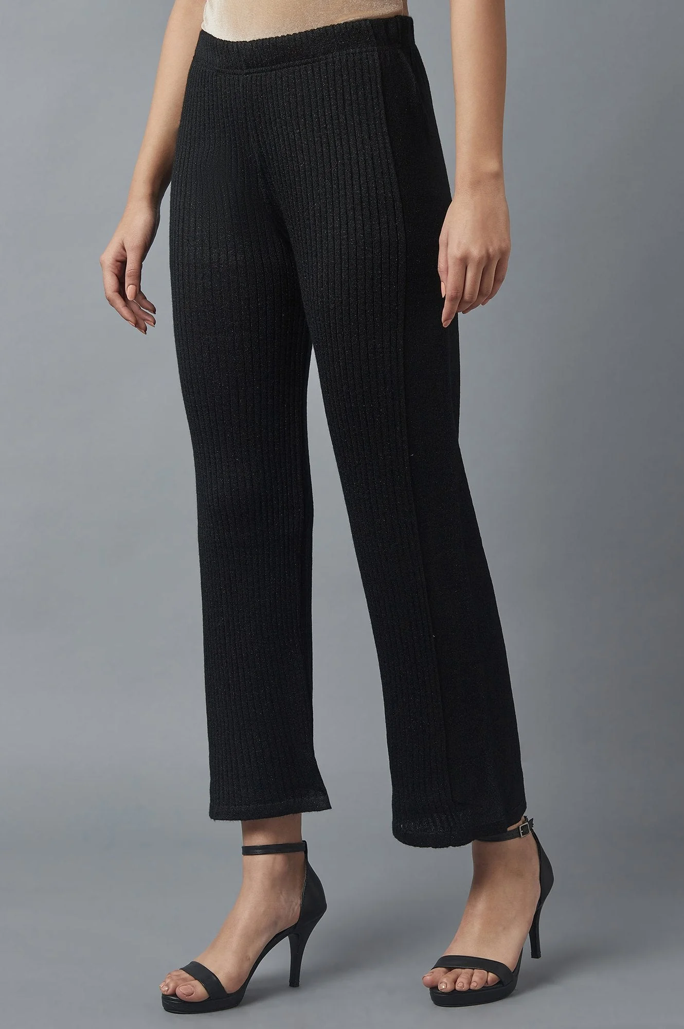 Black Solid Boot Cut Palazzo With Elasticated Waist - Image 3