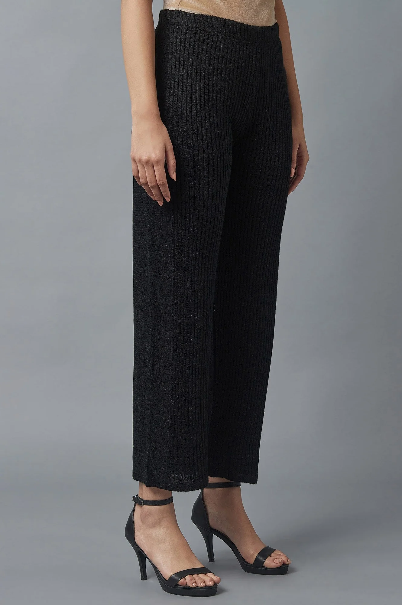Black Solid Boot Cut Palazzo With Elasticated Waist - Image 4