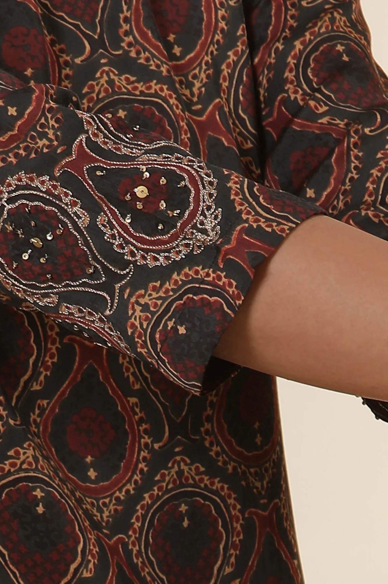Black Ajrakh Print Kurta In Lustrous Satin - Image 8