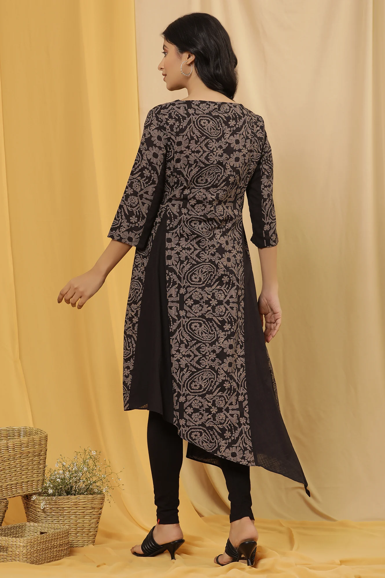 Black Asymmetrical Printed Kurta And Tights Set - Image 4