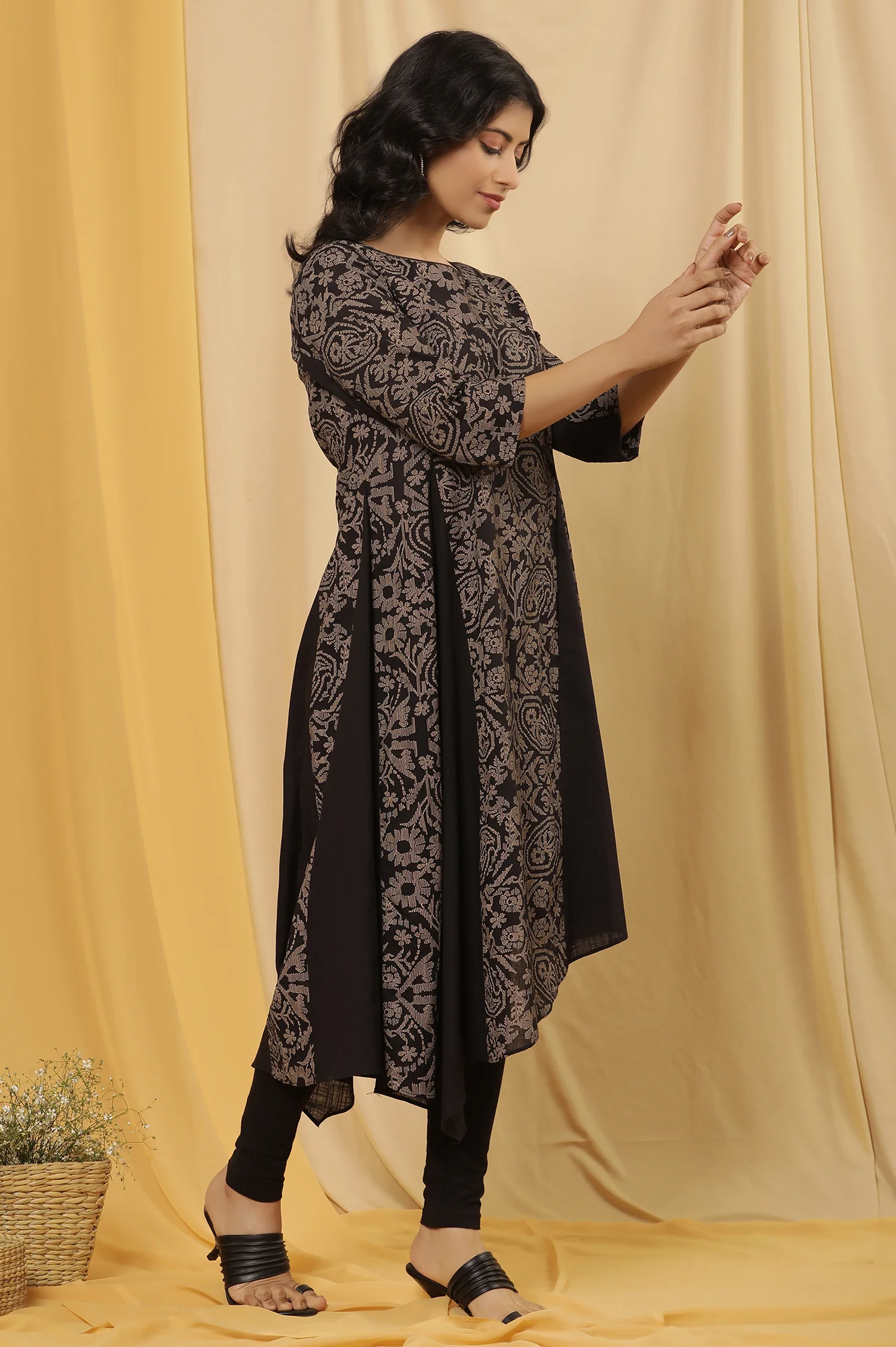 Black Asymmetrical Printed Kurta And Tights Set - Image 5