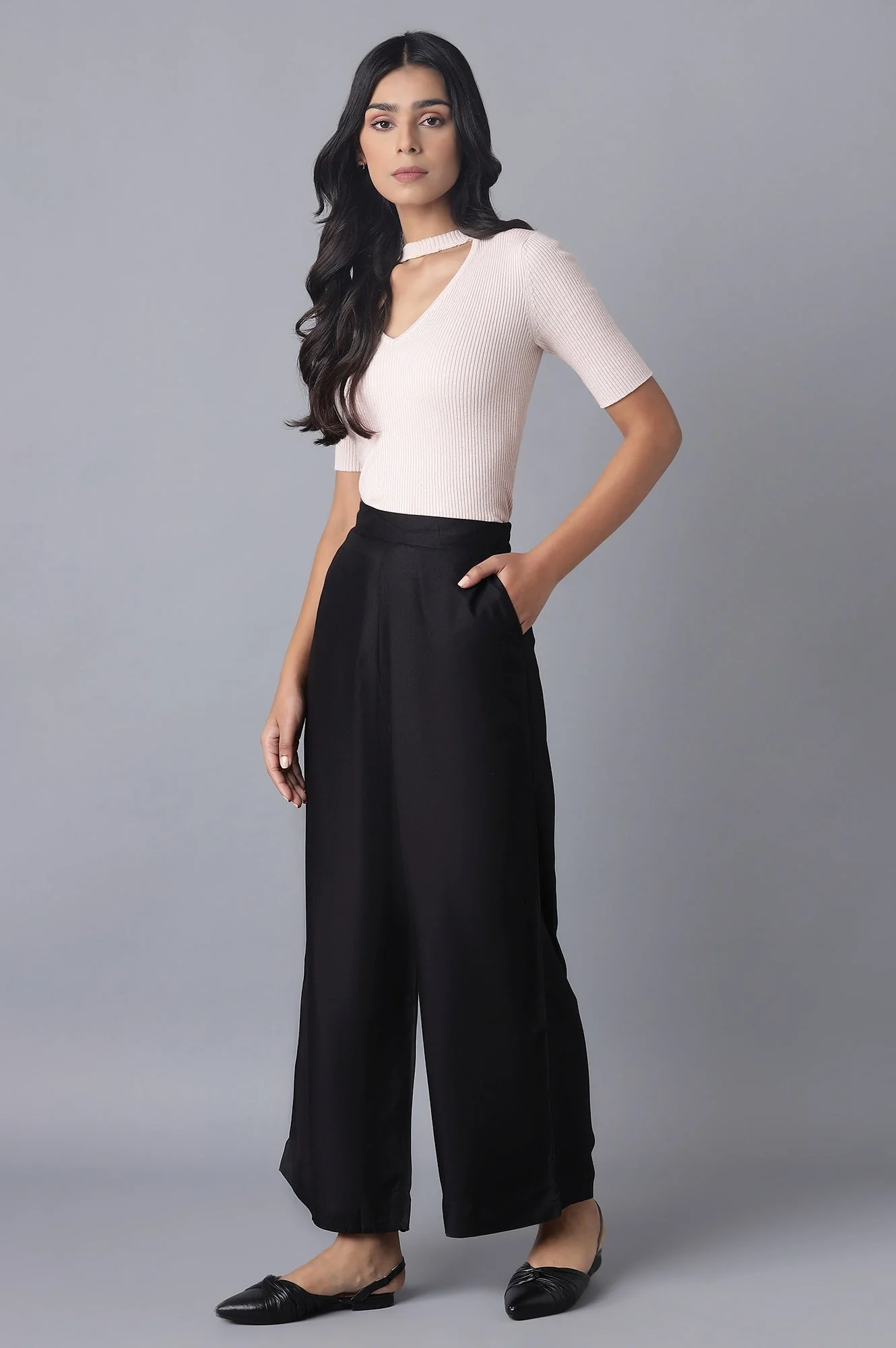 Black Solid Wide Leg Tencel Palazzo With Elasticated Waist - Image 5