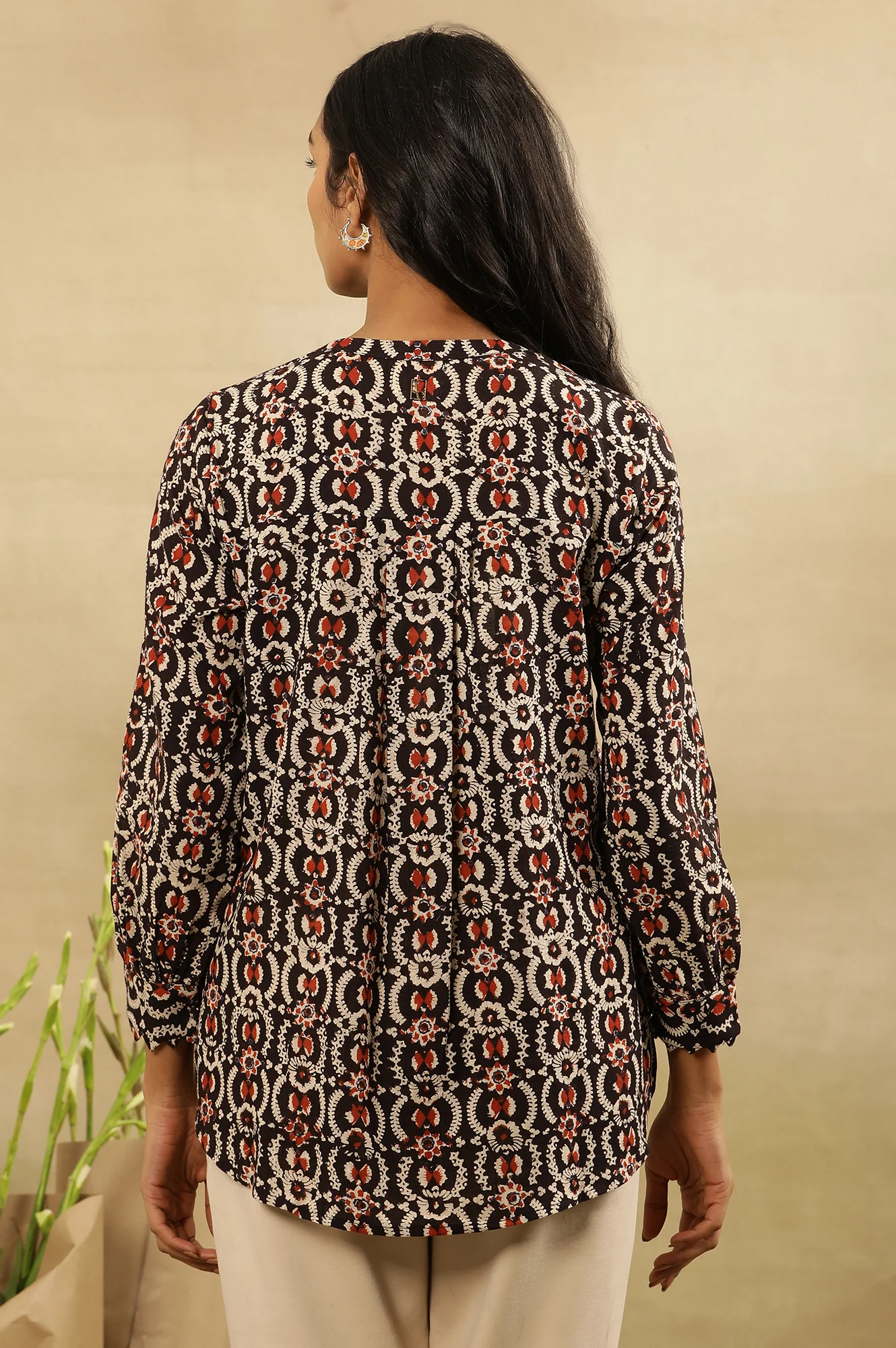 Black Block Print Top With Mirror Work Buttons - Image 3