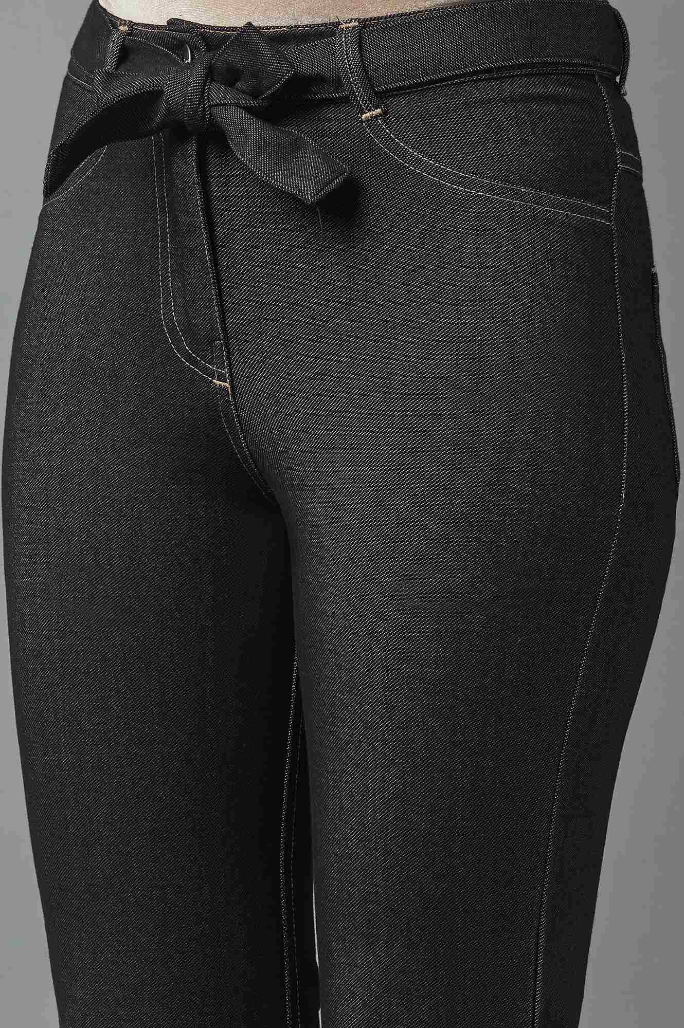 Black Solid Boot Cut Denim Pants With Waist Belt - Image 6