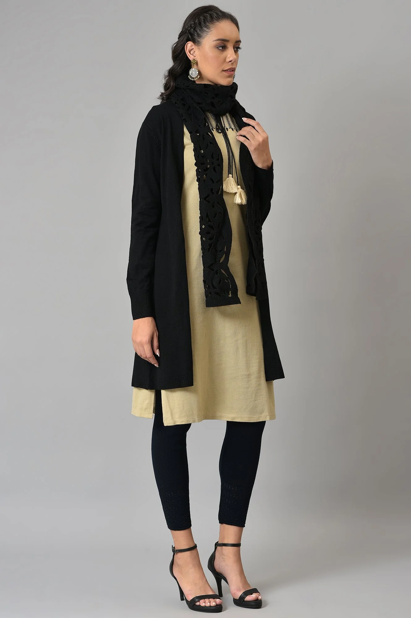 Black Cardigan With Attached Scarf - Image 4