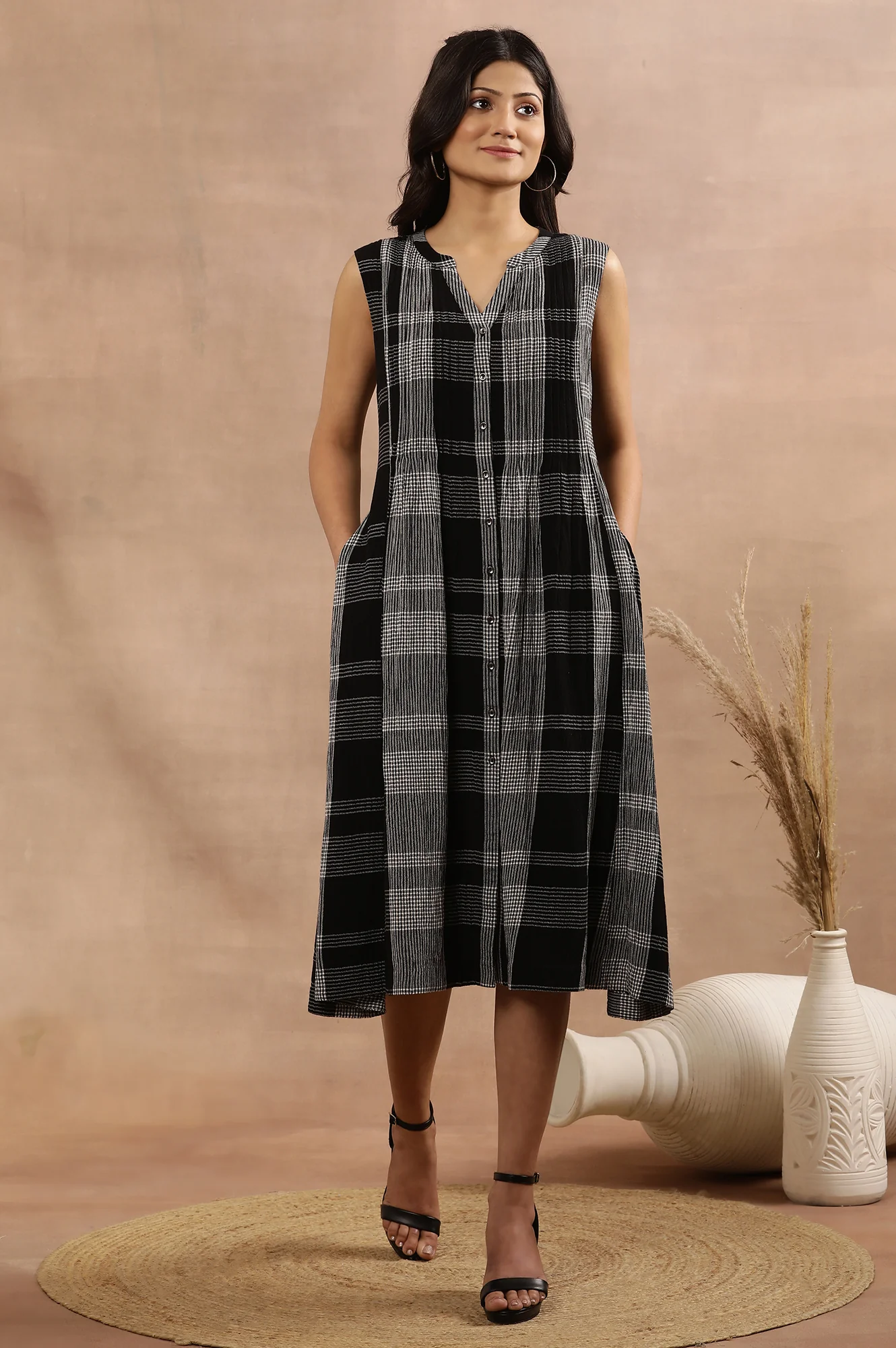 Black Checker Sleeveless Western Dress - Image 2
