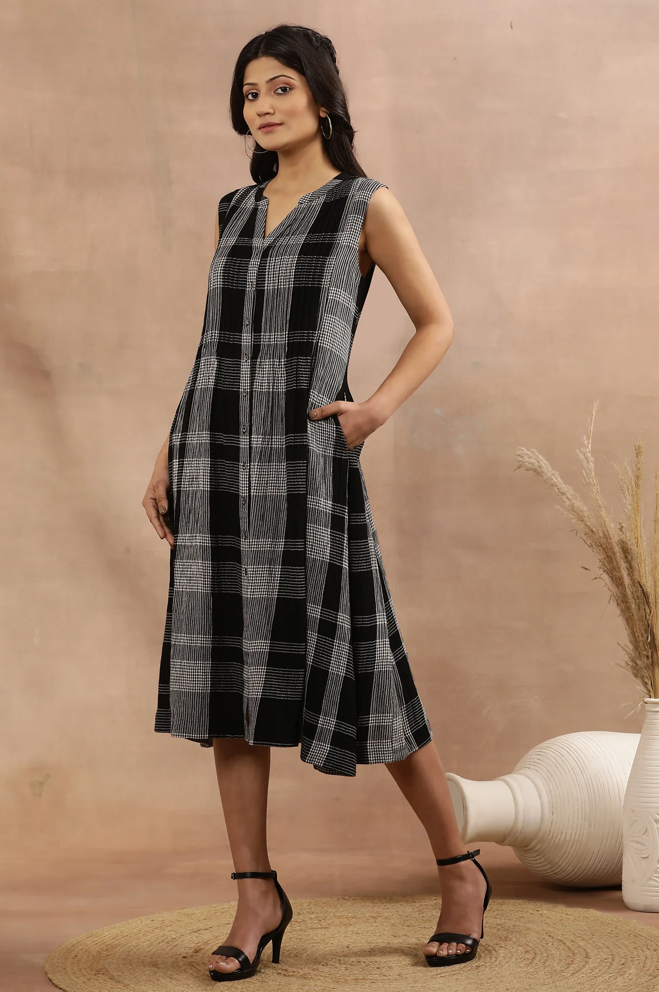 Black Checker Sleeveless Western Dress - Image 3
