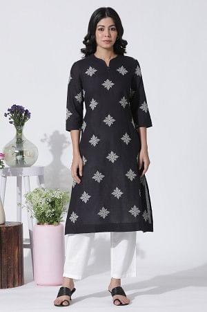 Black Cotton Flax Embroidered Kurta And Pants Set - Image 2