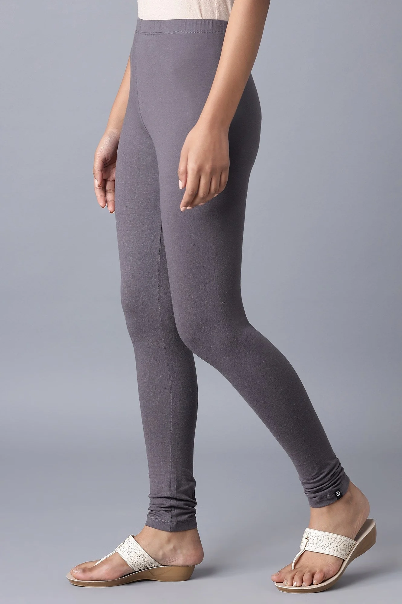 Grey Solid Skinny Fit Cotton Tights With Elasticated Waistband - Image 3
