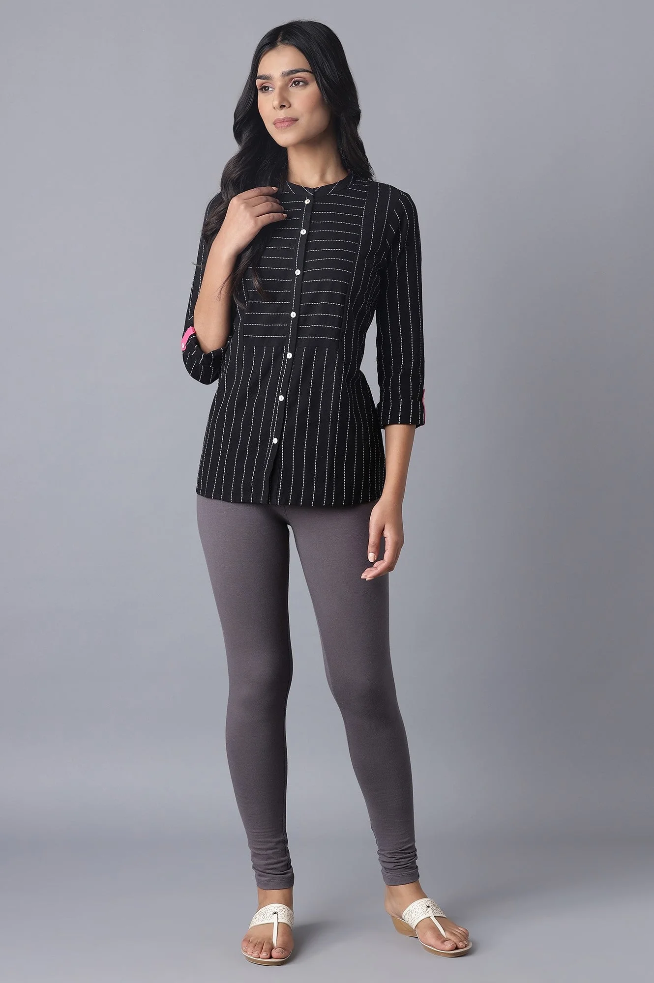 Grey Solid Skinny Fit Cotton Tights With Elasticated Waistband - Image 5