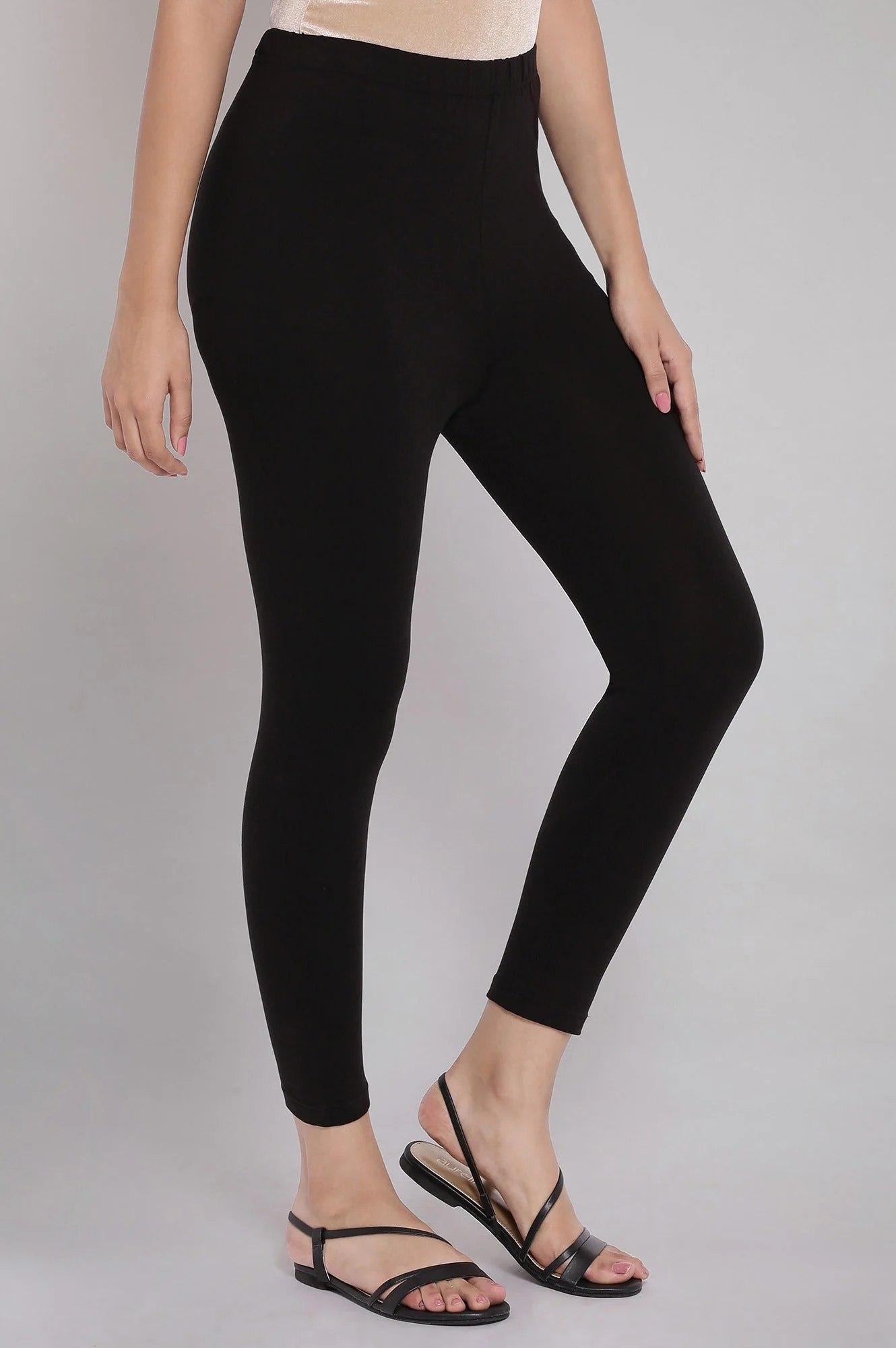 Black Solid Skinny Fit Cotton Tights With Elasticated Waistband - Image 4