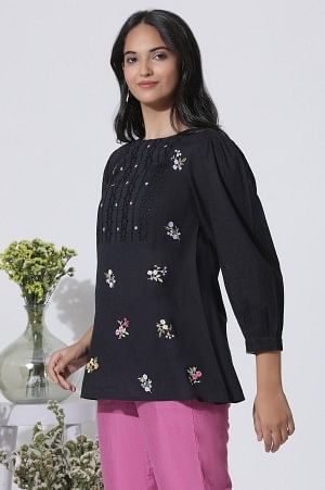 Black Embroidered Cotton Top With Schiffli Yoke - Image 2