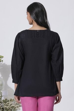 Black Embroidered Cotton Top With Schiffli Yoke - Image 3