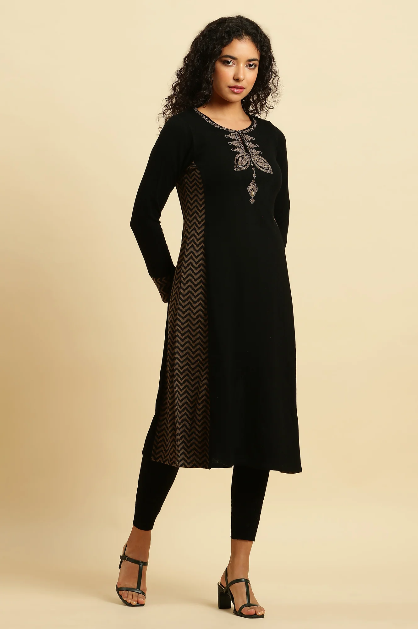 Black Embroidered Winter Kurta And Tights Set - Image 5