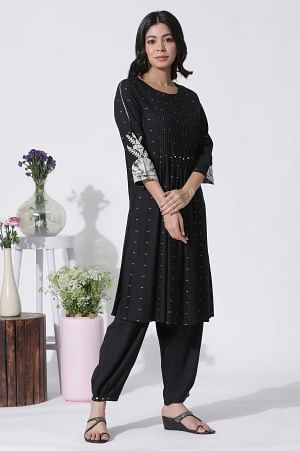 Black Flared Bandhani and Tei-Dyed Kurta, Side Pants and Kota Dupatta Set - Image 5
