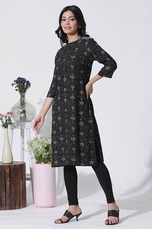 Black Floral Printed Mandarin Collar Kurta And Tights Set - Image 3