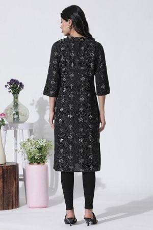 Black Floral Printed Mandarin Collar Kurta And Tights Set - Image 4