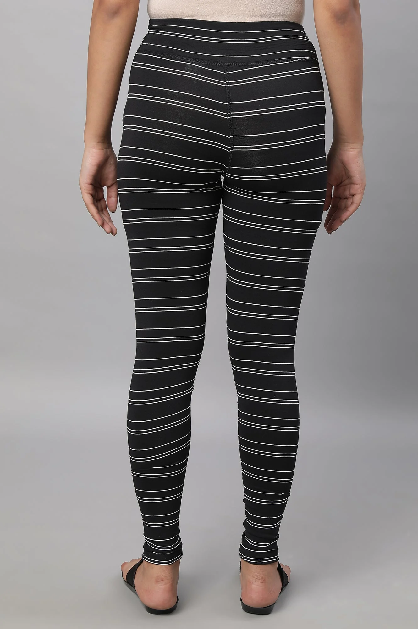 Black Striped Skinny Fit Cotton Tights With High Waistband - Image 2