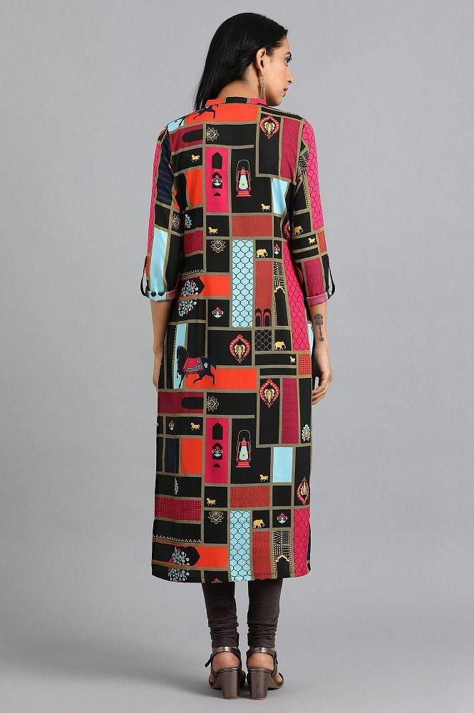 Black Mandarin Neck Printed kurta - Image 5