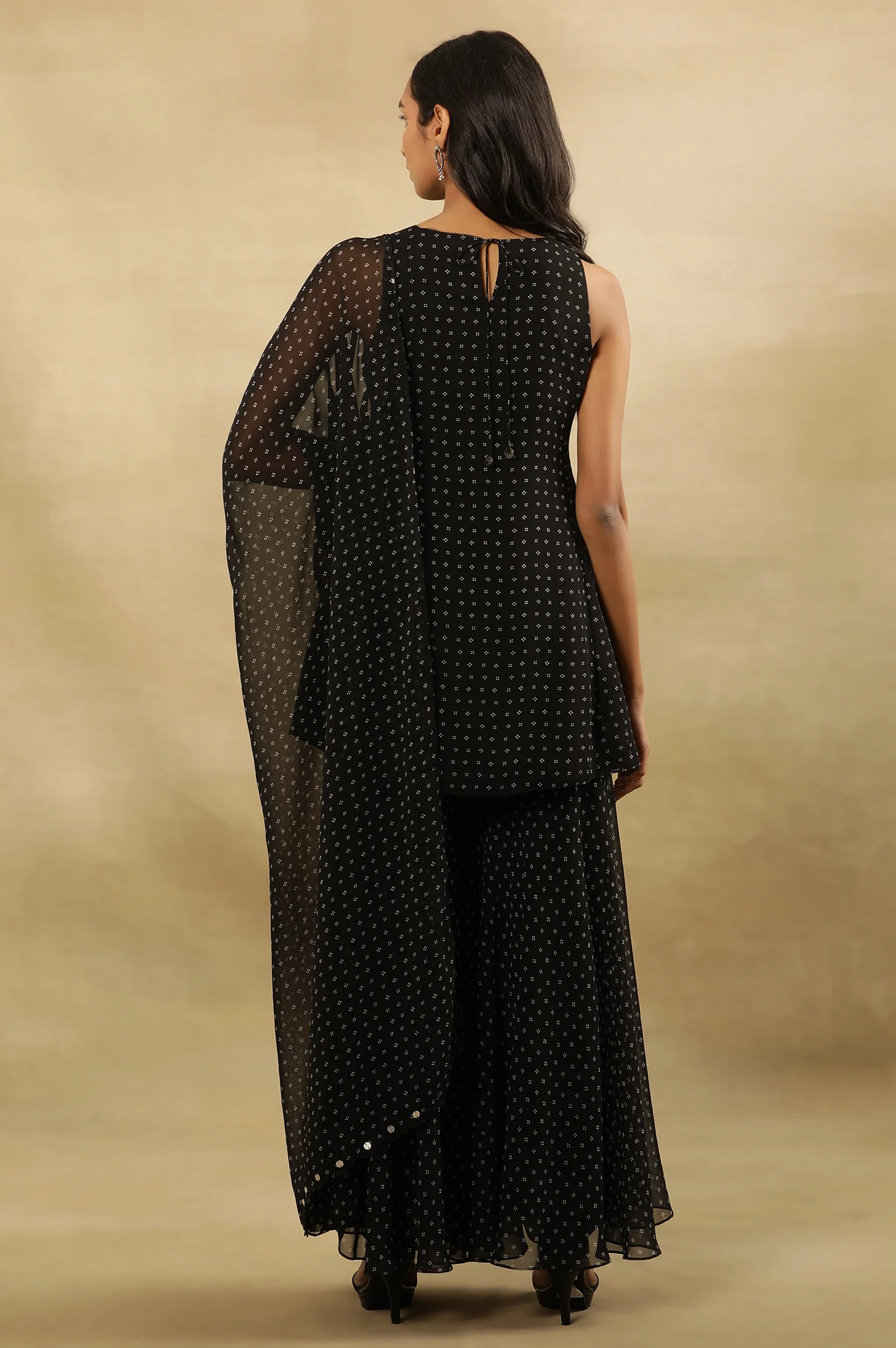 Black Printed Flared Short Kurta, Sharara Ad Dupatta Set - Image 4