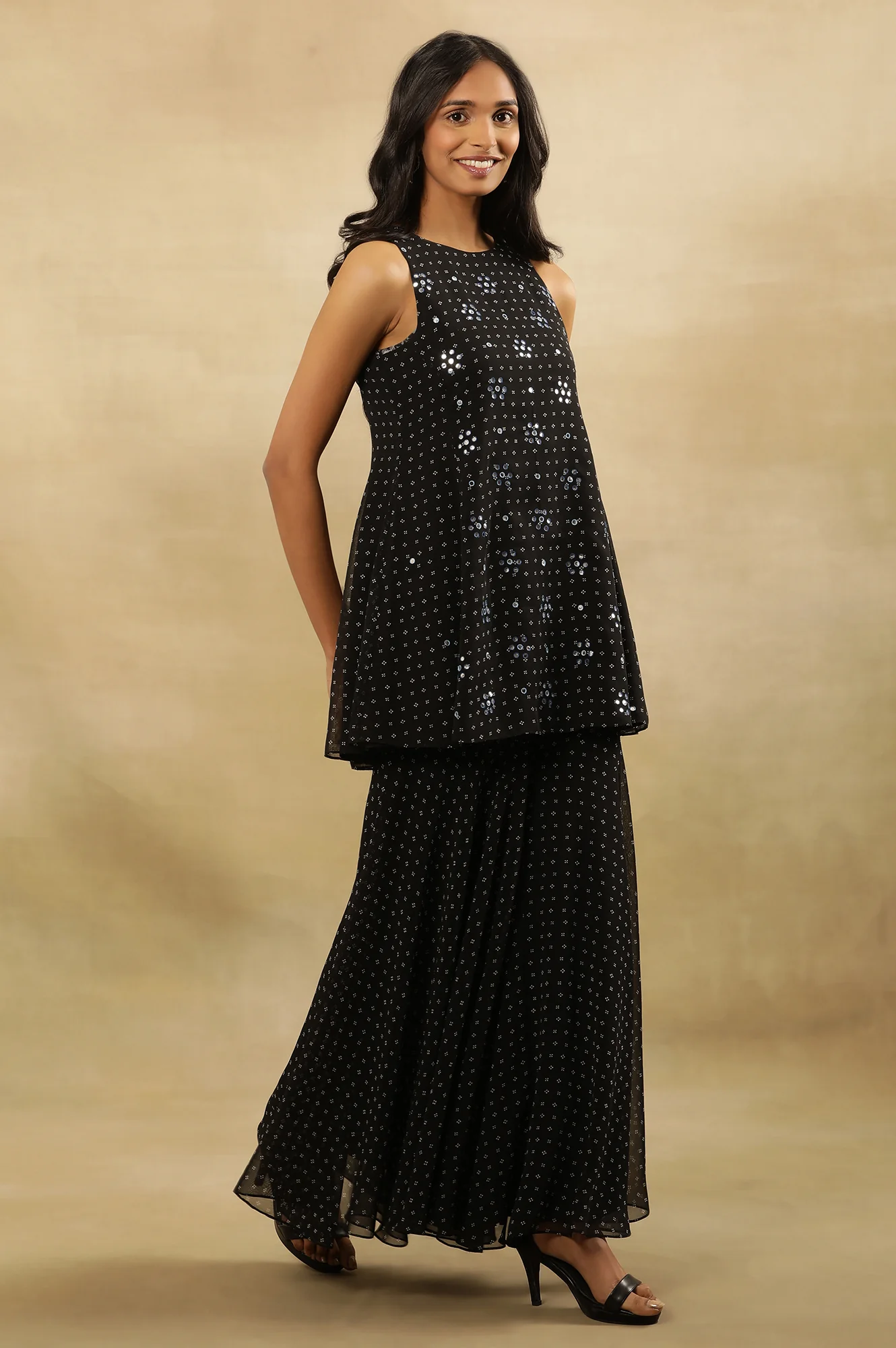 Black Printed Flared Short Kurta, Sharara Ad Dupatta Set - Image 5