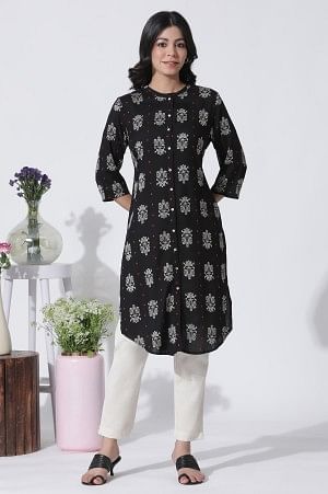Black Printed Shirt Kurta And Slim Pants Set - Image 2