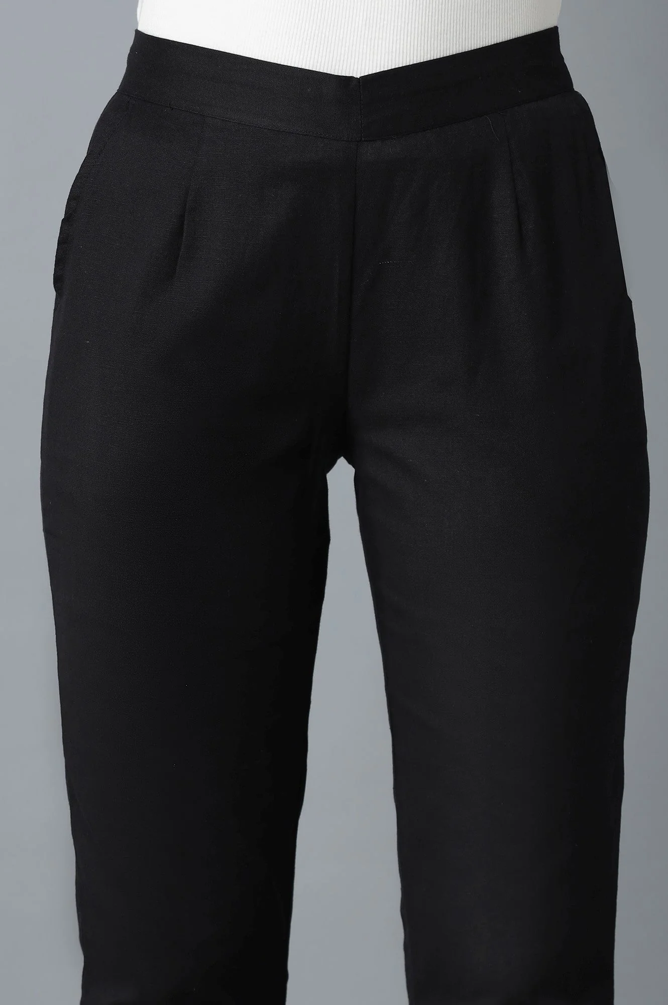 Black Solid Straight Fit Cotton Trousers With Roll Up Hem - Image 6