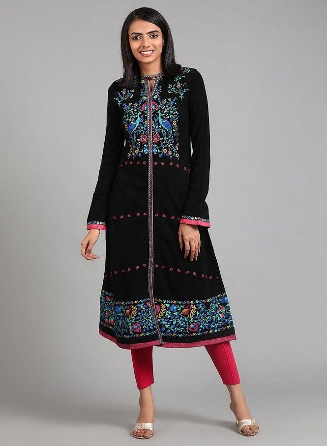 Black Round Neck Winter kurta - Image 2