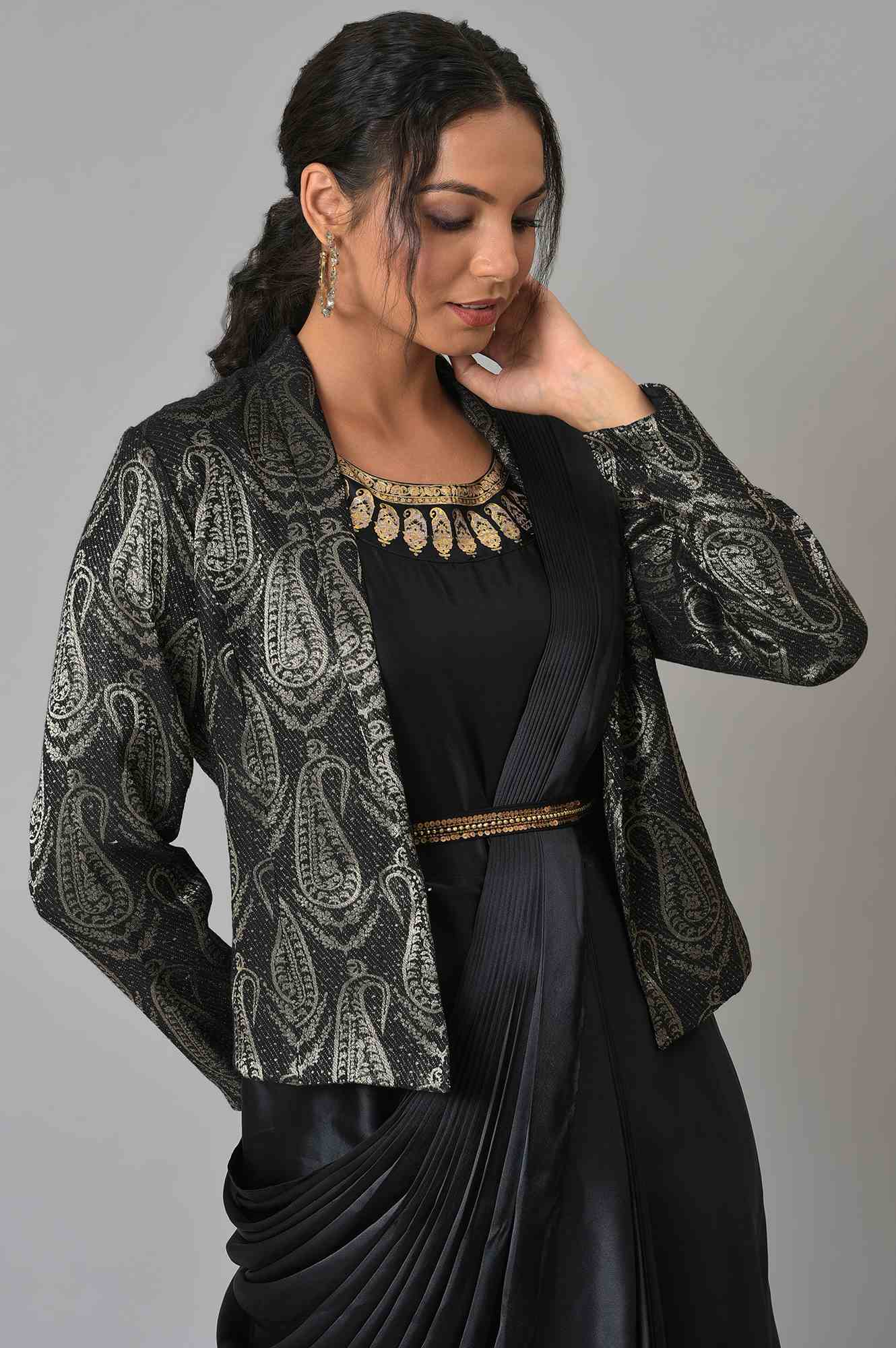 Black Pre‑Drape Saree Dress Set with Belt and Jacket - Image 5
