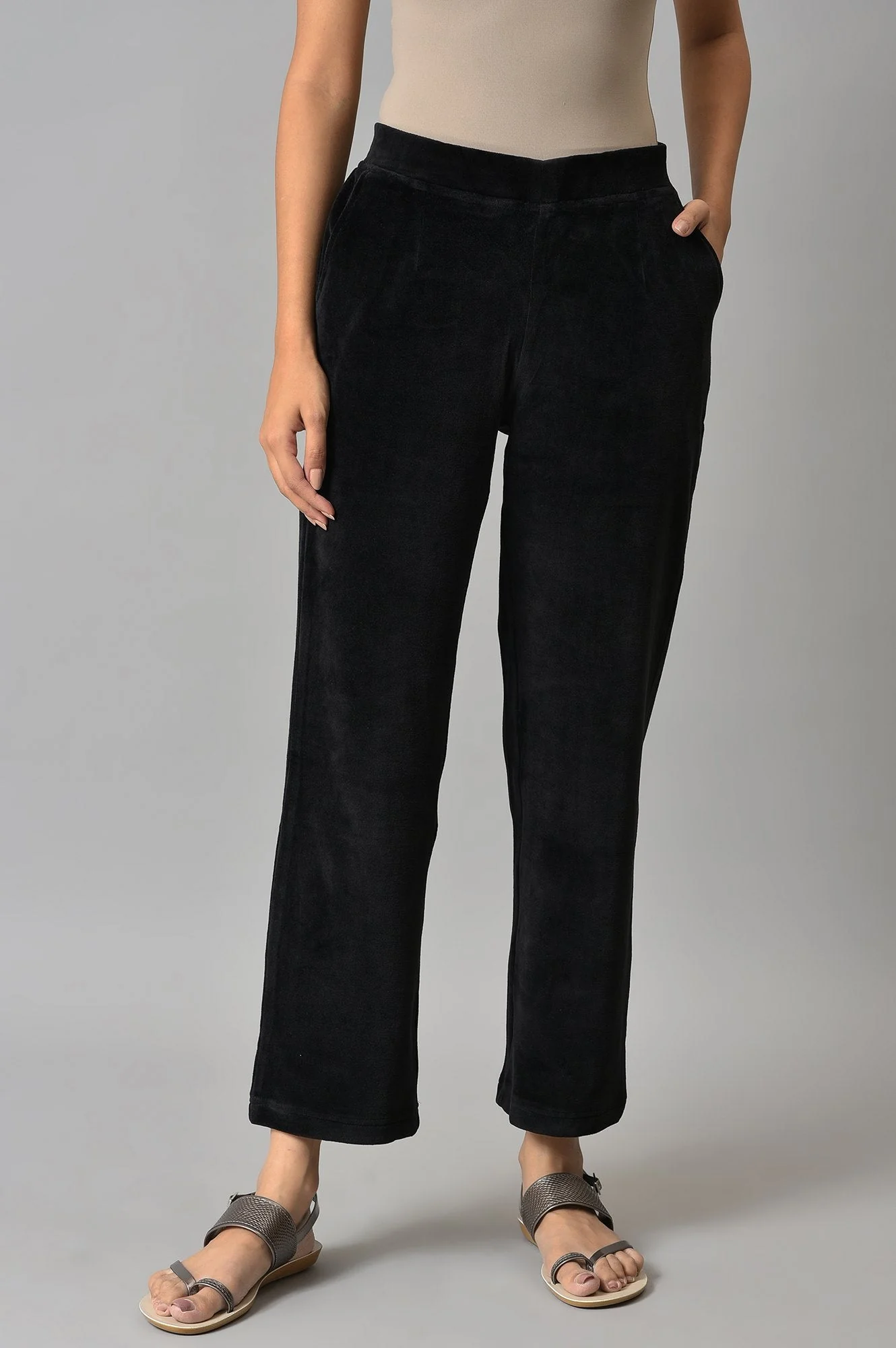 Black Solid Straight Fit Cotton Trousers With Elasticated Waist - Image 2