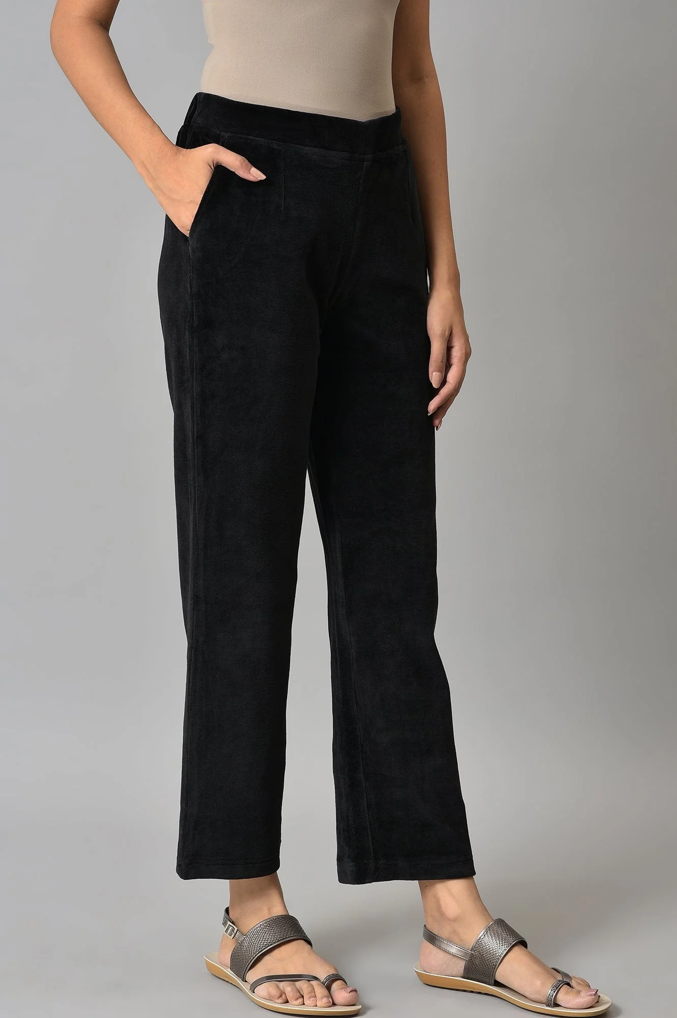 Black Solid Straight Fit Cotton Trousers With Elasticated Waist - Image 5