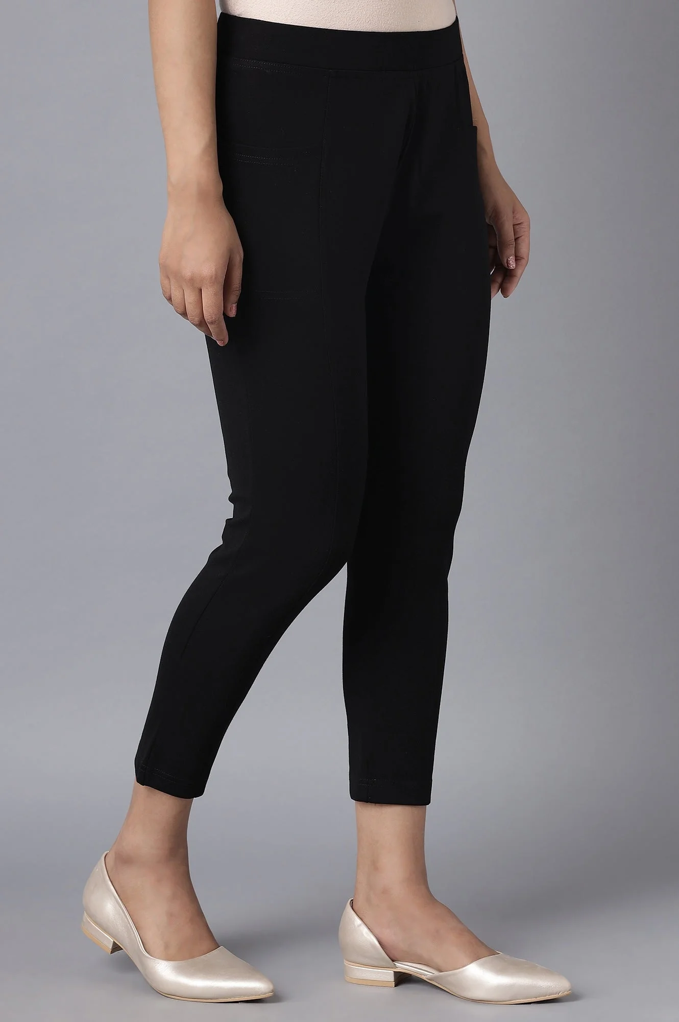 Black Solid Straight Fit Tights With Elasticated Waistband - Image 4