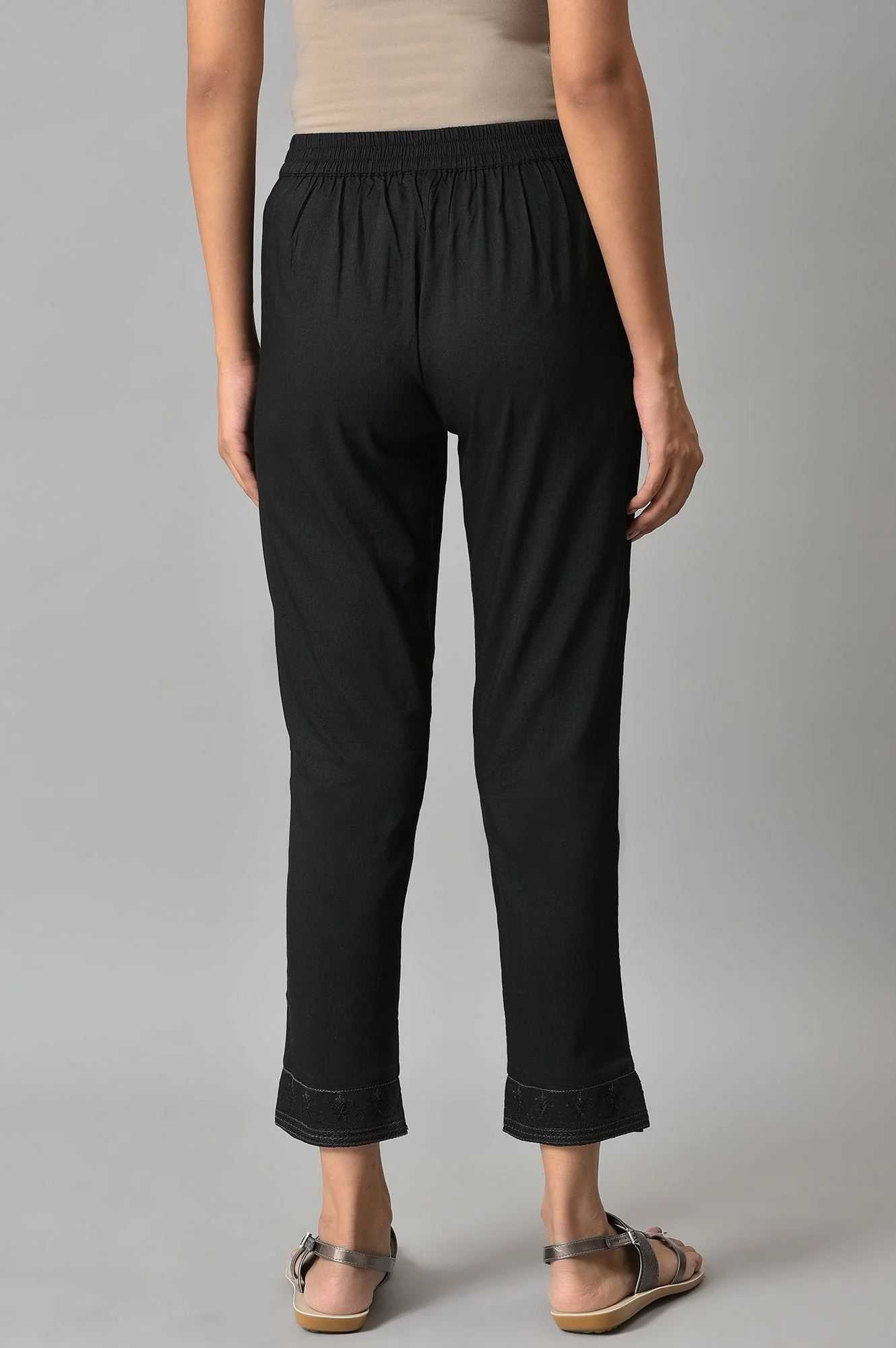 Black Floral Printed Straight Fit Pants With Elasticated Waist - Image 2