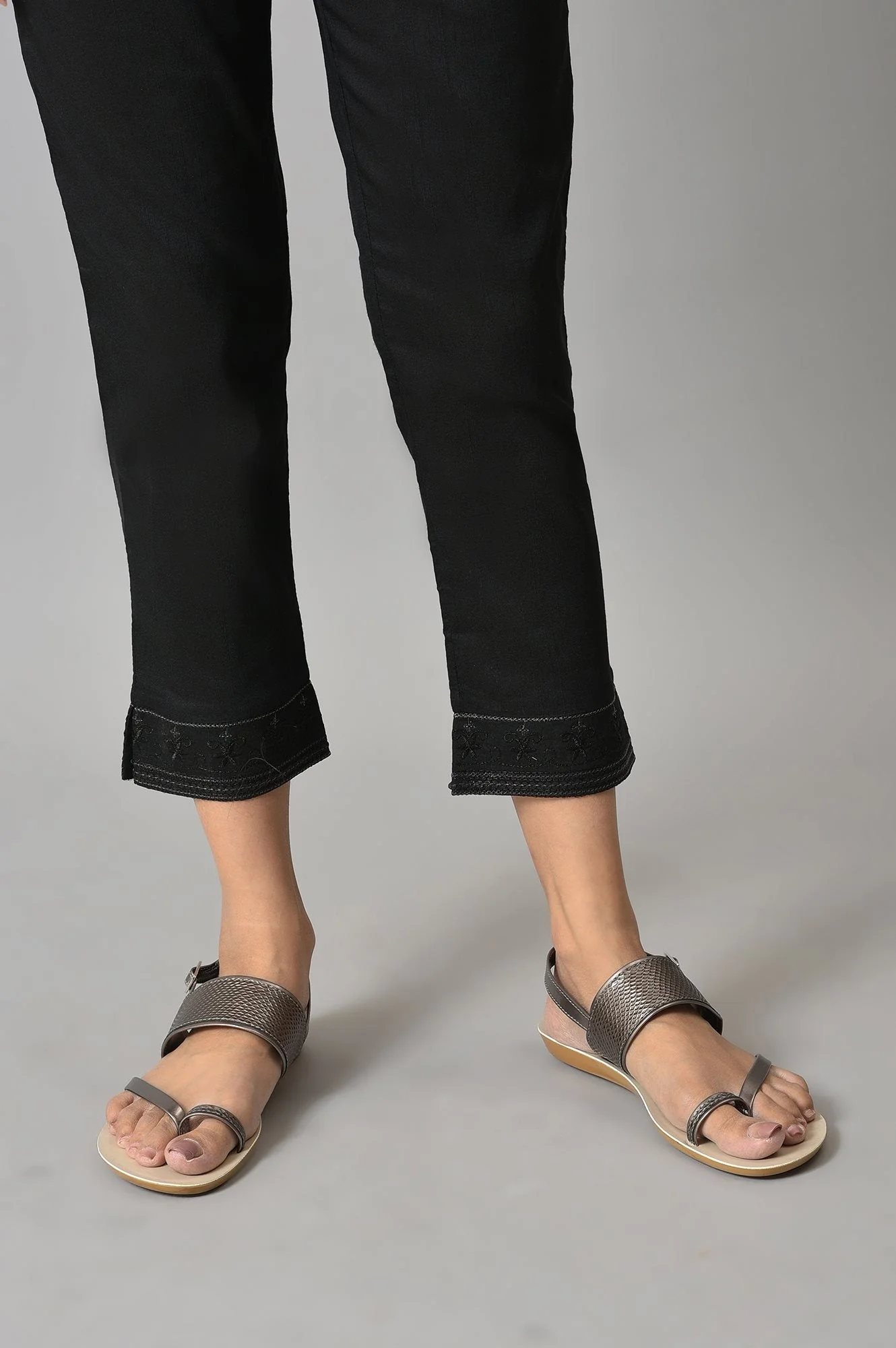 Black Floral Printed Straight Fit Pants With Elasticated Waist - Image 8