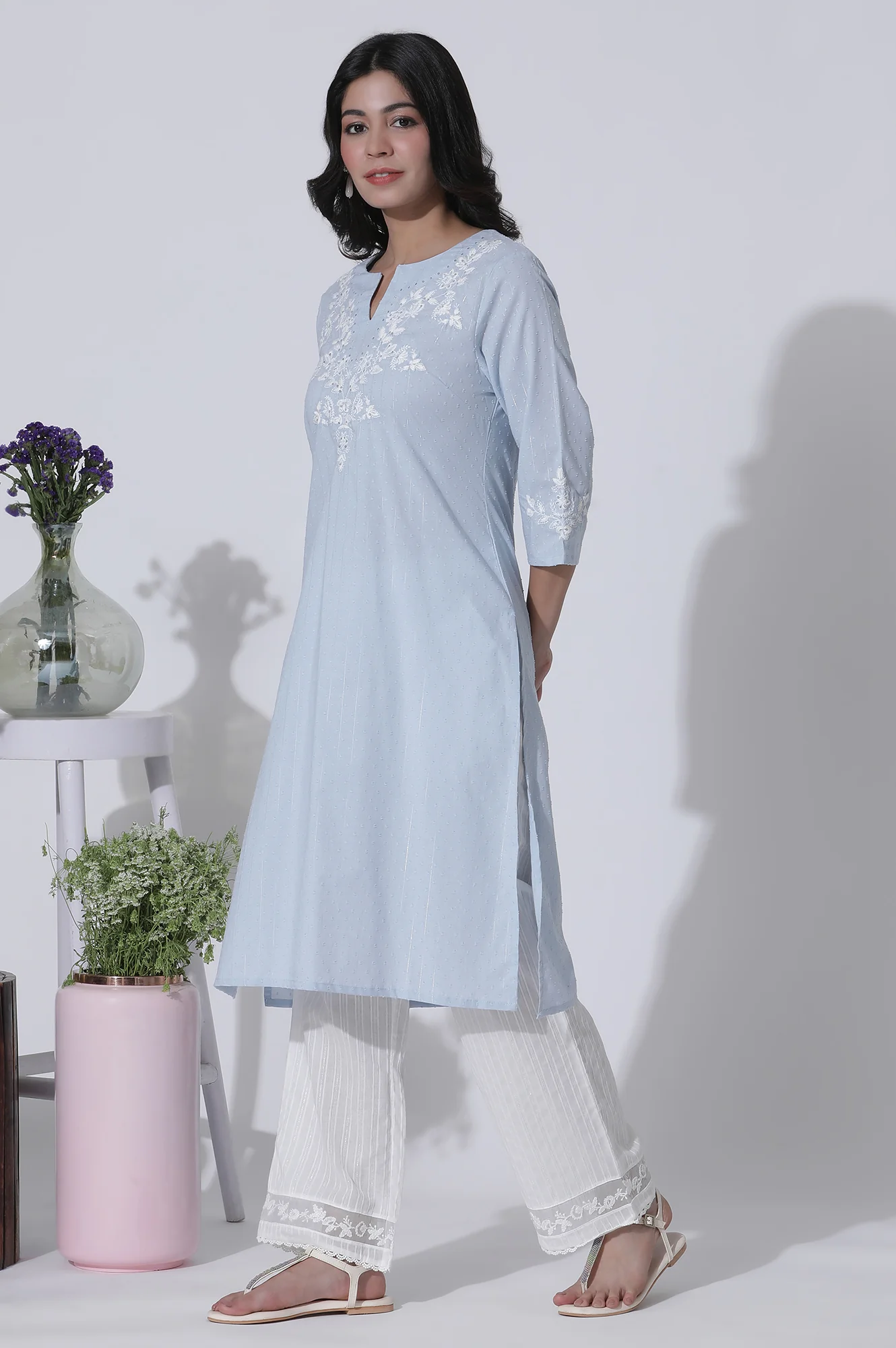 Blue A-Line Textured Cotton Embroidered Kurta, Pants With Dupatta Set - Image 3