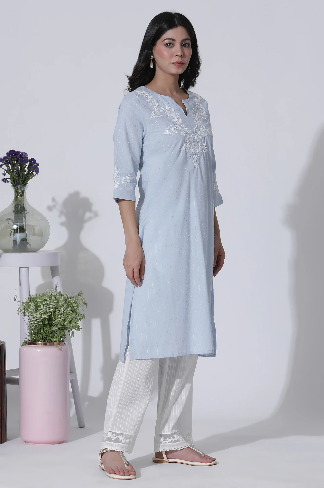 Blue A-Line Textured Cotton Embroidered Kurta, Pants With Dupatta Set - Image 5