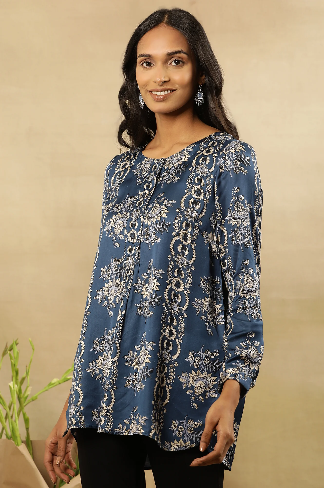 Blue Ajrakh Floral Print Top With Half Placket - Image 2