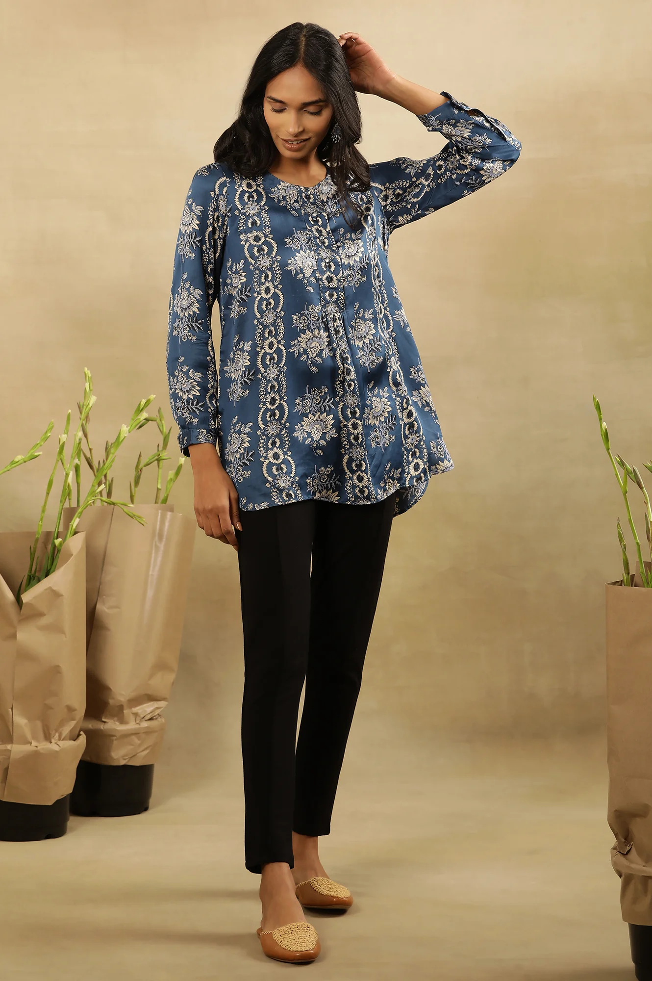 Blue Ajrakh Floral Print Top With Half Placket - Image 5