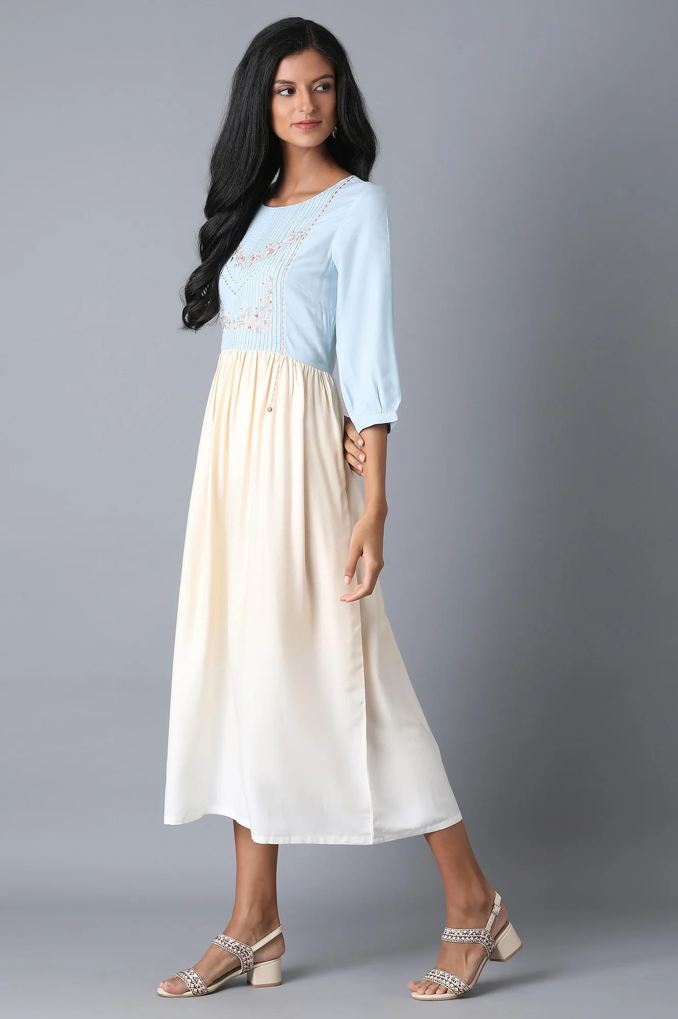 Blue and Ecru Dress with Pintucks - Image 3