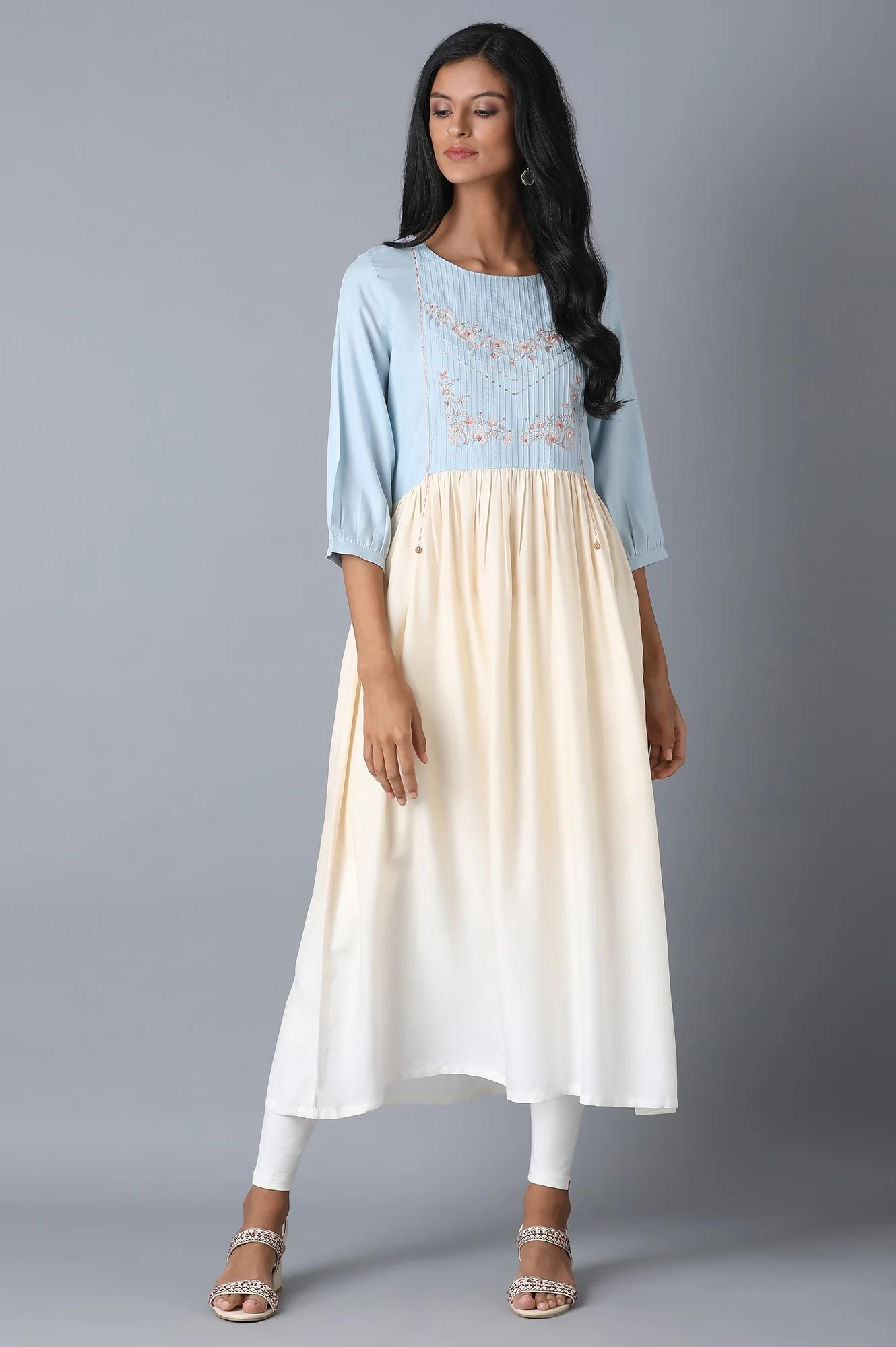 Blue and Ecru Dress with Pintucks - Image 5