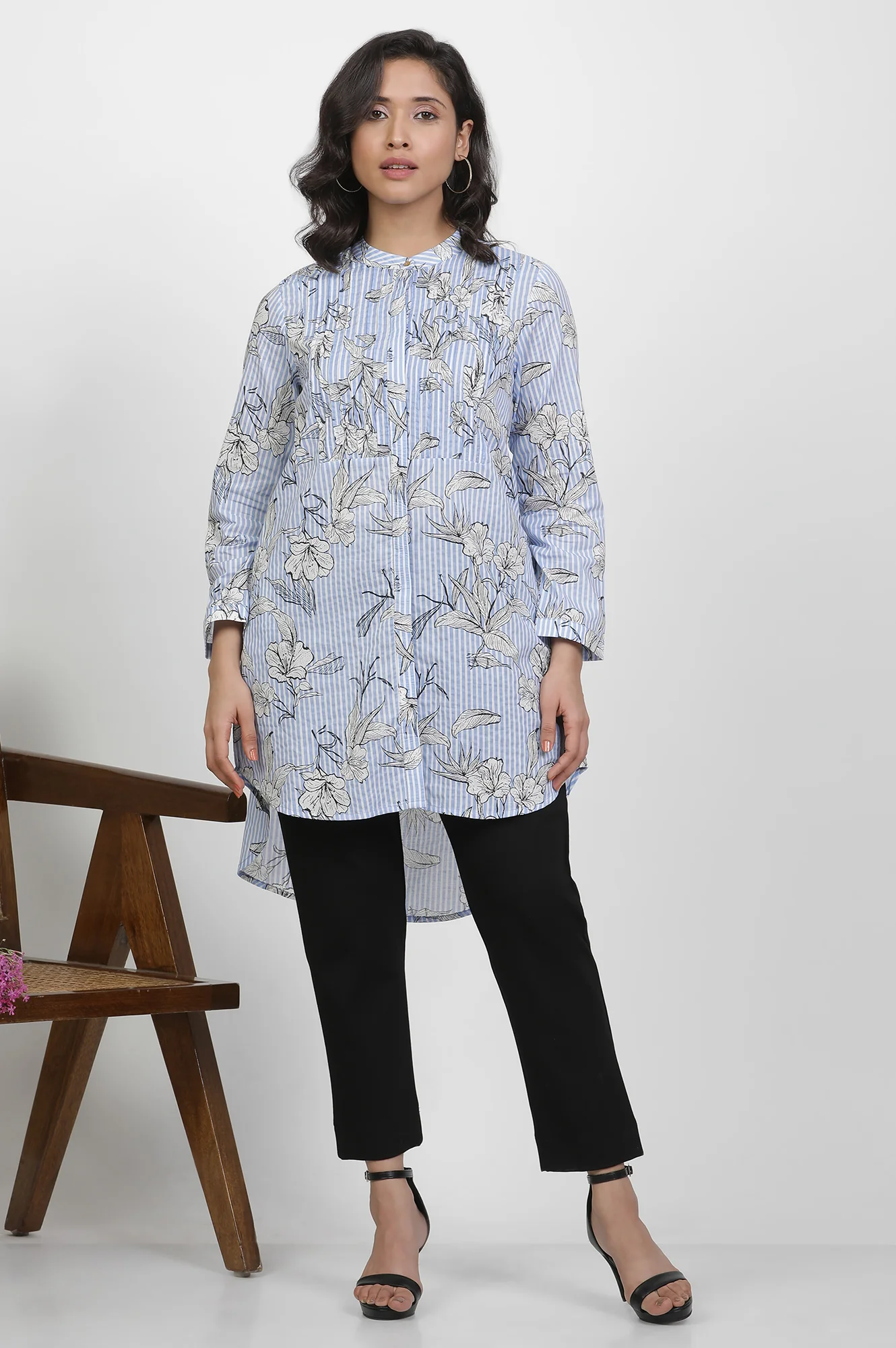 Blue And White Stripe Shirt With Floral Print - Image 2