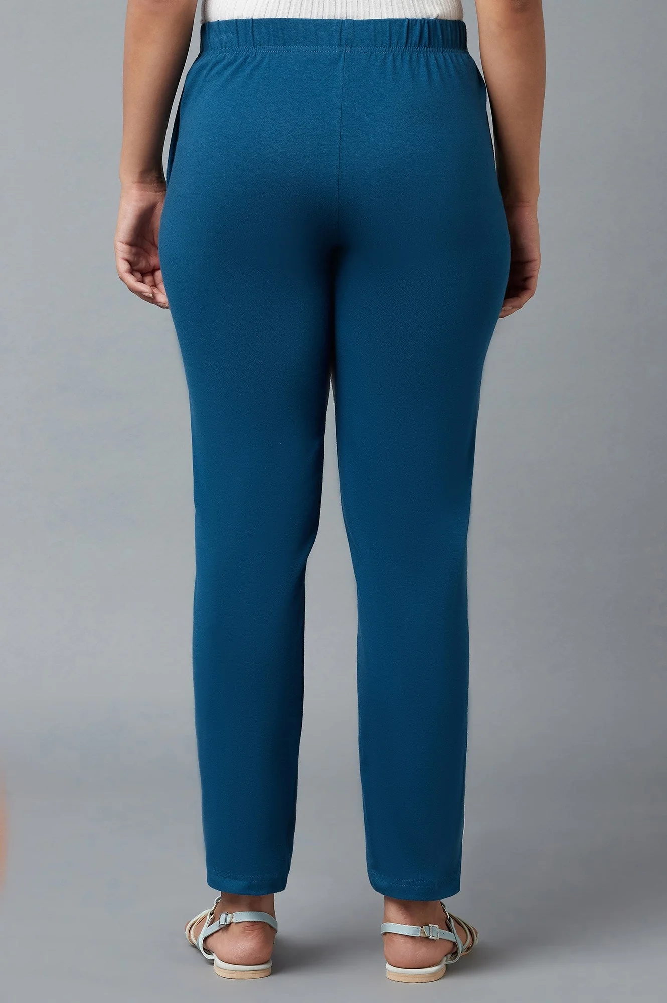 Blue Solid Straight Fit Cotton Pants With Elasticated Waistband - Image 2