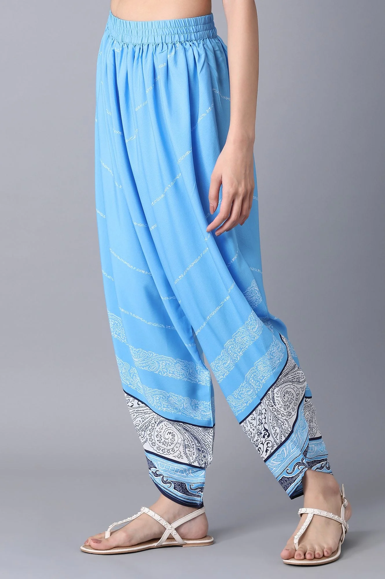 Blue Printed Flared Cotton Salwar With Elasticated Waistband - Image 3