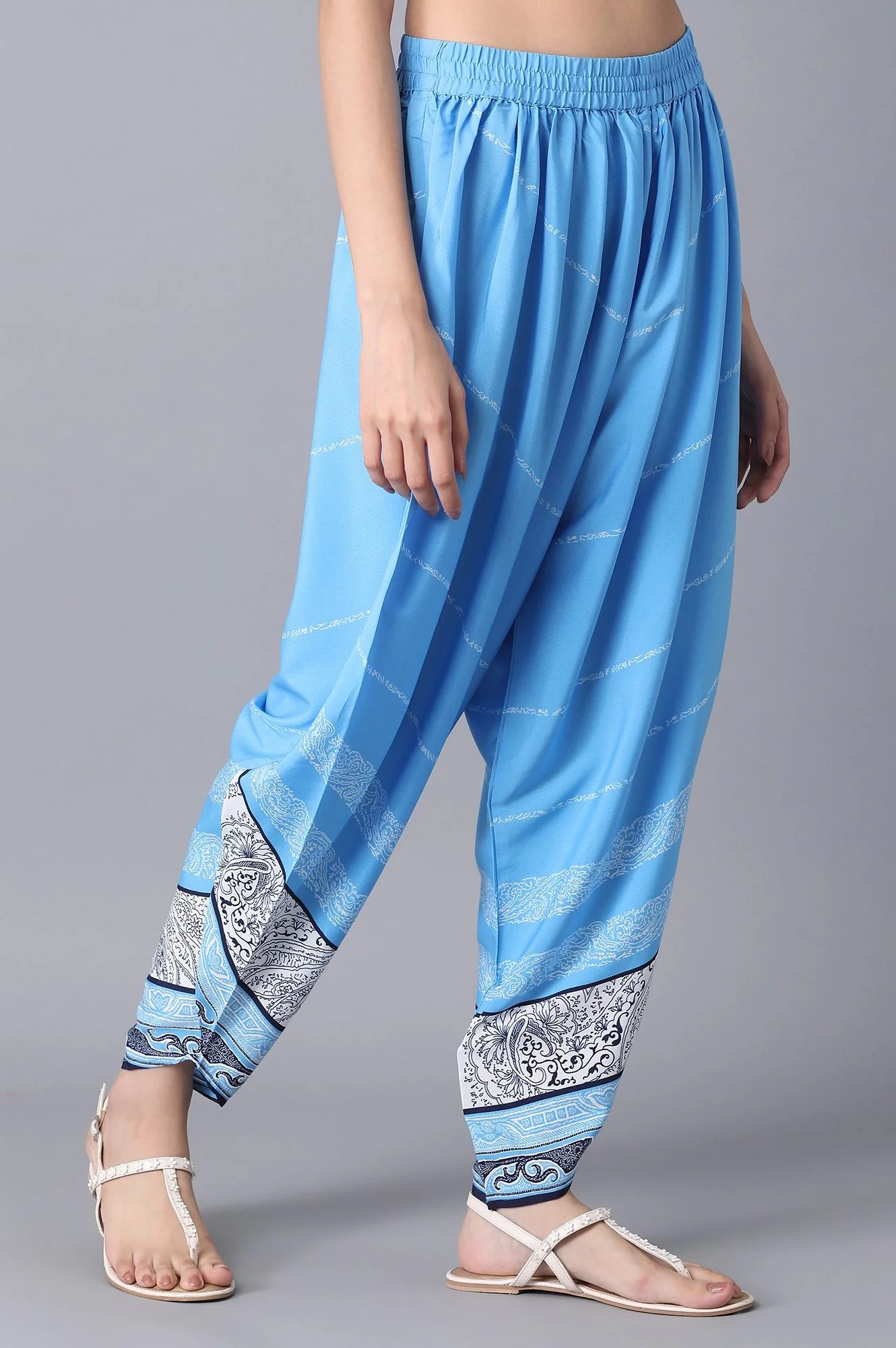 Blue Printed Flared Cotton Salwar With Elasticated Waistband - Image 4