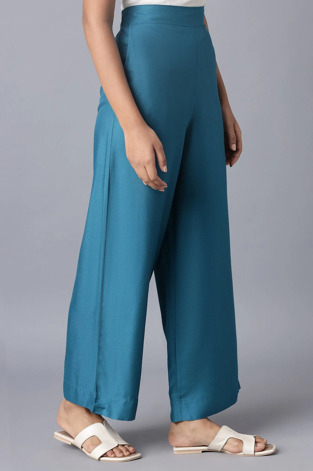 Blue Solid Wide Leg Tencel Palazzo With Elasticated Waist - Image 4